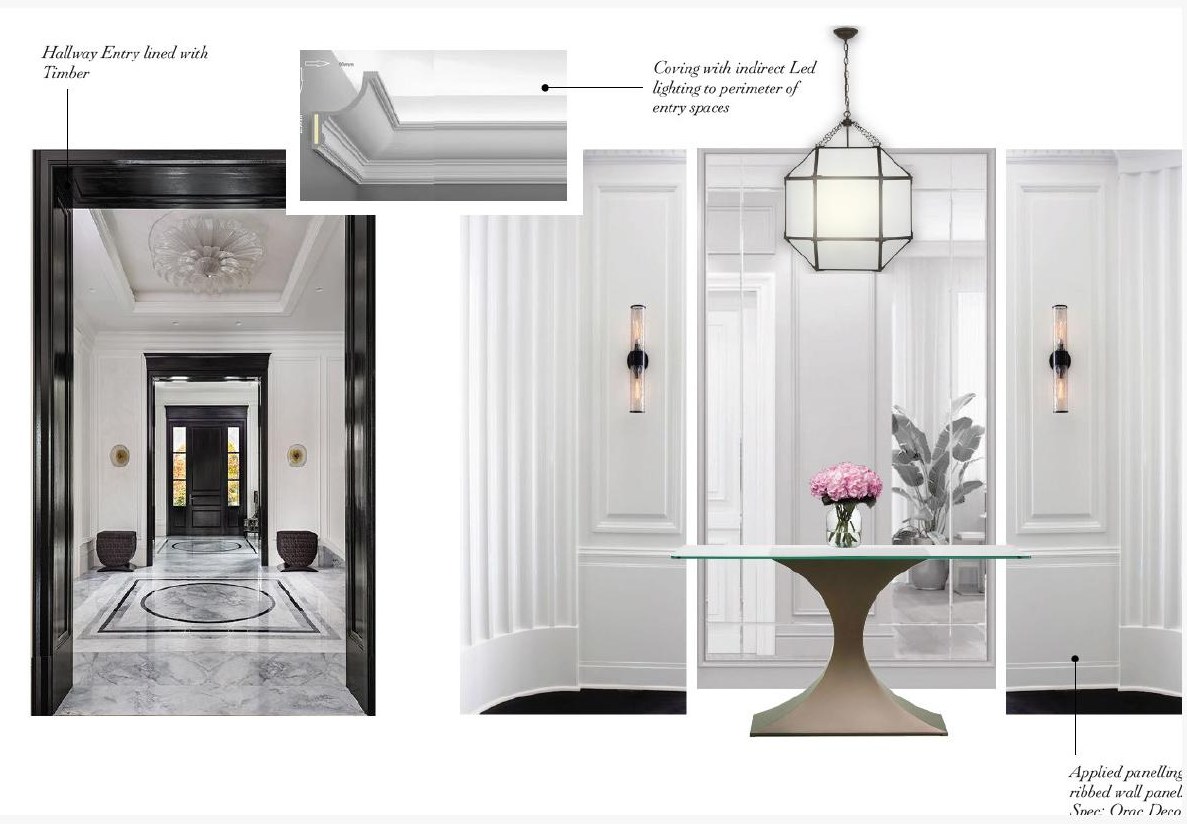 Entrance hall concept board with panelling, lighting and console
