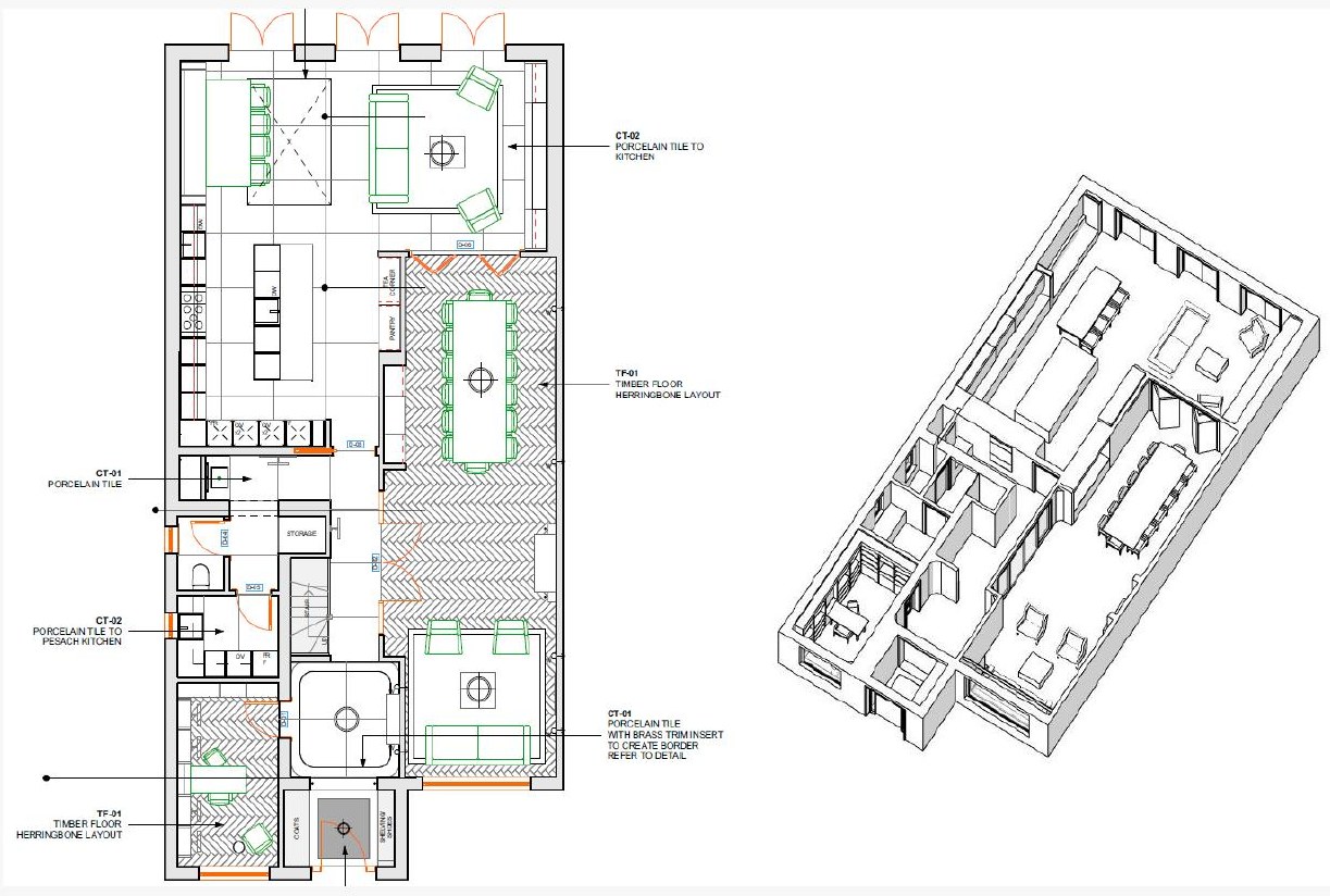Ground floor plan and 3D massing study of the residence