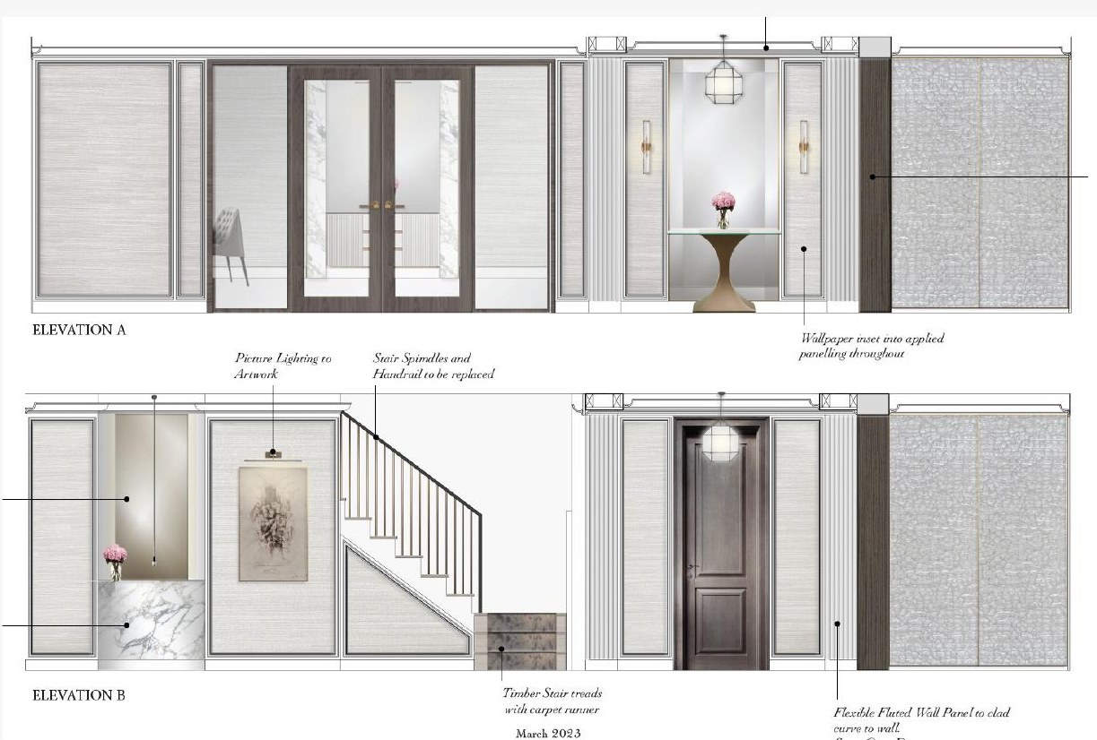 Rendered entry elevations showing joinery, doors and staircase