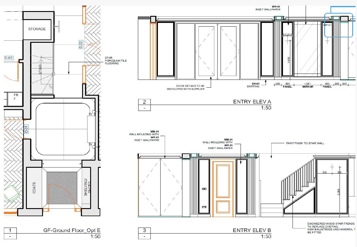 Dimensioned entry elevation drawings issued for construction